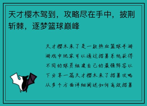 天才樱木驾到，攻略尽在手中，披荆斩棘，逐梦篮球巅峰